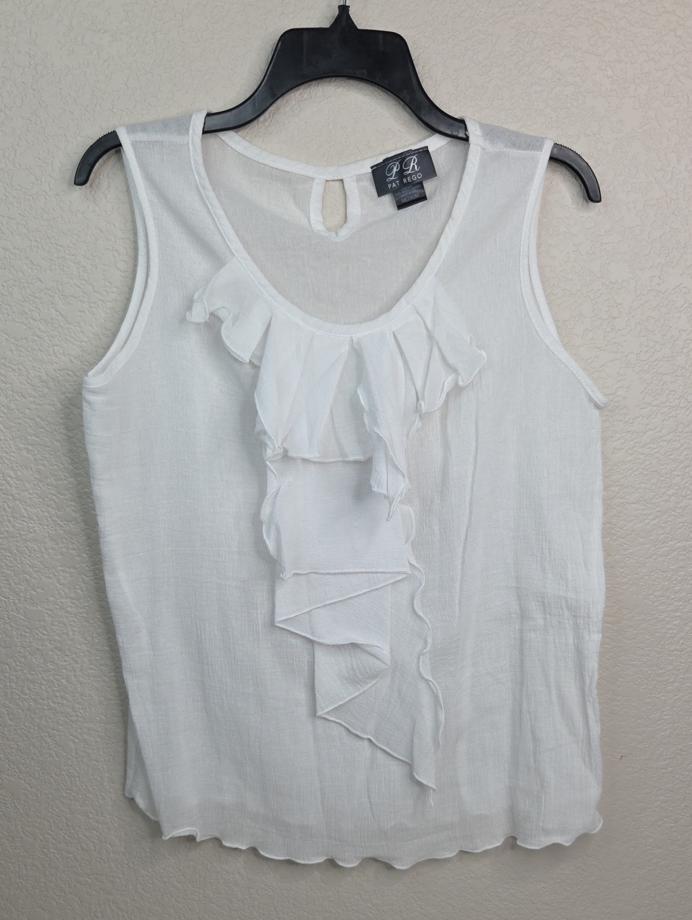 Pat Rego White Sleeveless Ruffle Front Blouse